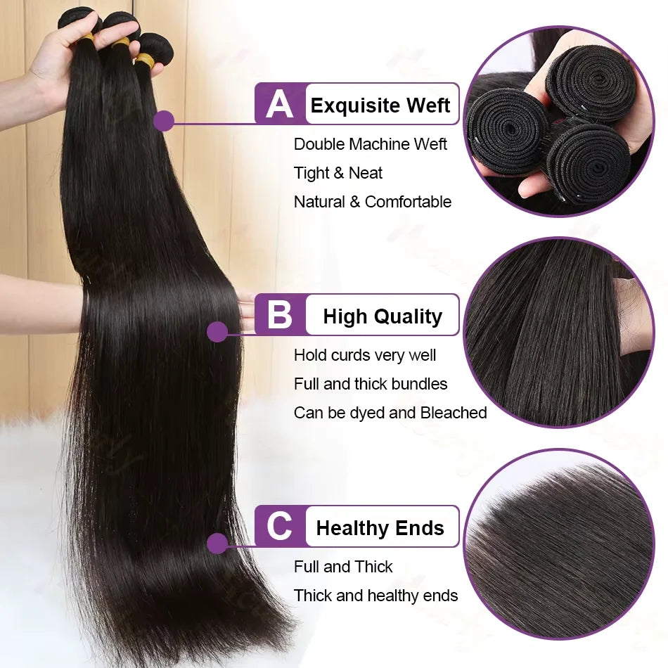 Brazilian 30 32 Inch Bone Straight Human Hair Weave Bundles Unprocessed 100% Raw Human Hair Extension Weave Bundles