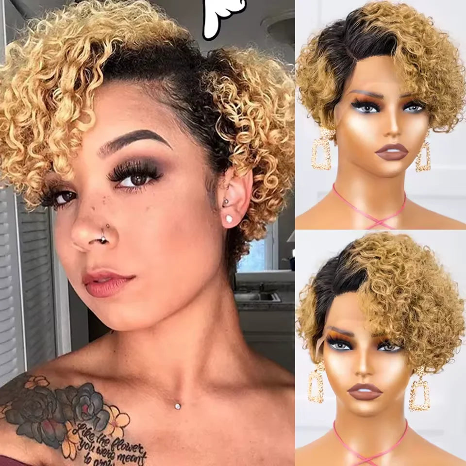 QVR Short Bob Wig Pixie Cut Wig Curly Human Hair Wigs For Women  Lace Front Wigs Peruvian Deep Wave Lace Wig Preplucked Hairline