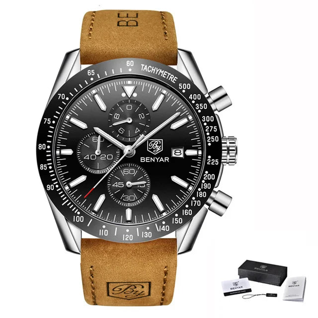 BENYAR Brand Men Watches Luxury Brown Leather Strap Waterproof Quartz Watch Chronograph Men Relogio Masculino 5140