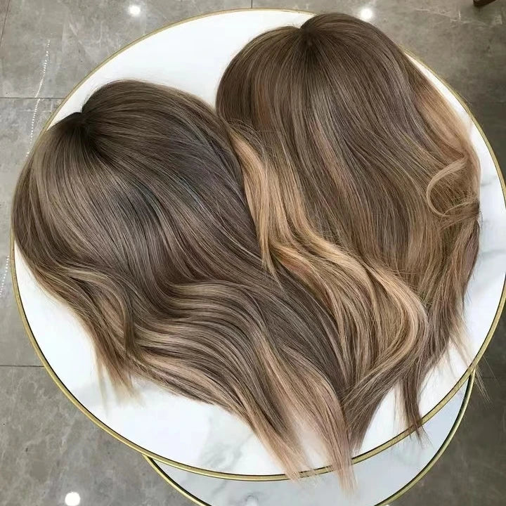 Real Raw European Brown Balayage Toppers for Women Silk Base Topper Clip Hair Real Scalp Silk Top Kosher Human Hair Toupee 3*5