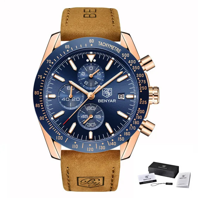 BENYAR Brand Men Watches Luxury Brown Leather Strap Waterproof Quartz Watch Chronograph Men Relogio Masculino 5140