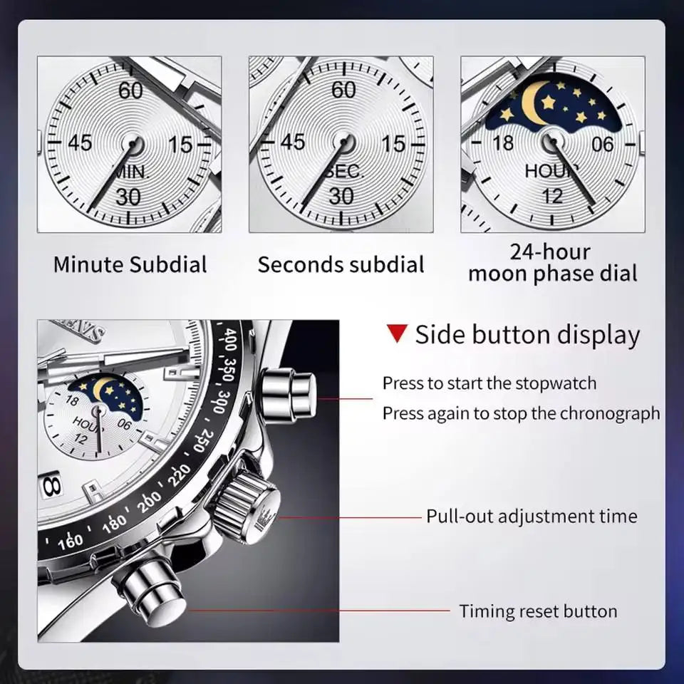 OLEVS Brand 2945 Men's Watches Chronograph Moon Phase Calendar Fashion Quartz Watch for Man Original SmartWatches Reloj Hombre