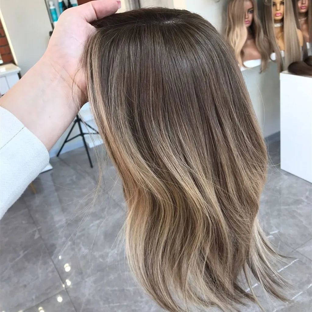 Real Raw European Brown Balayage Toppers for Women Silk Base Topper Clip Hair Real Scalp Silk Top Kosher Human Hair Toupee 3*5