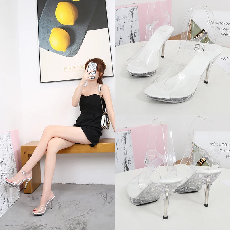 Transparent Crystal High-heeled Female Sandals Professional Shoes Women Non-slip Bottom Fashion Sexy Ladies Fish Mouth Slippers