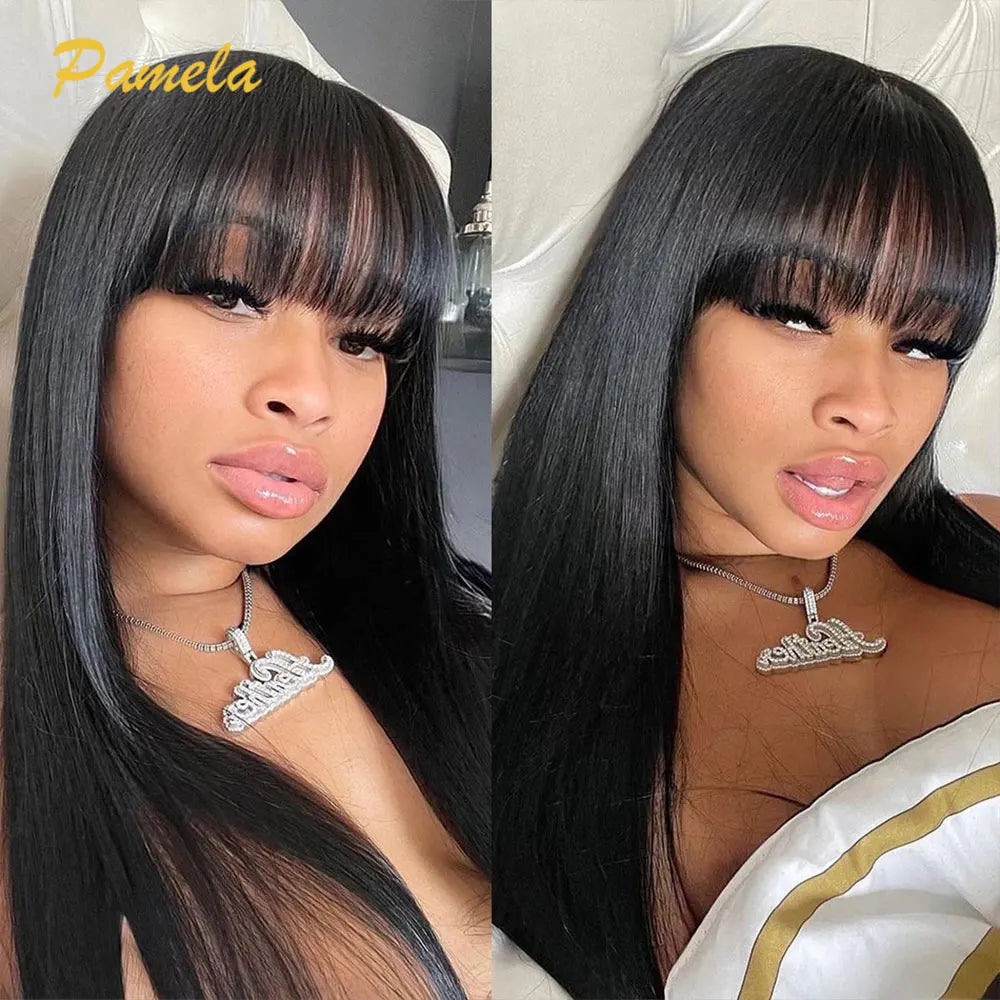 Straight Human Hair Wigs With Bangs 30 Inch Bone Straight Human Hair Wig Full Machine Hair Wigs For Black Women Glueless Wig