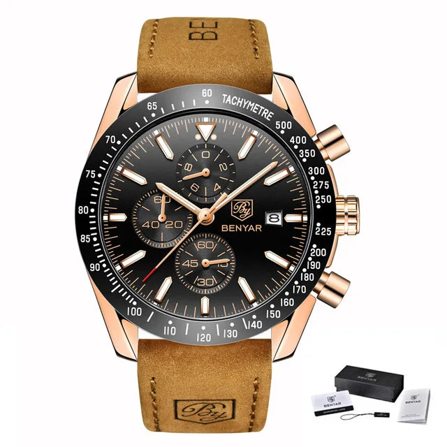 BENYAR Brand Men Watches Luxury Brown Leather Strap Waterproof Quartz Watch Chronograph Men Relogio Masculino 5140