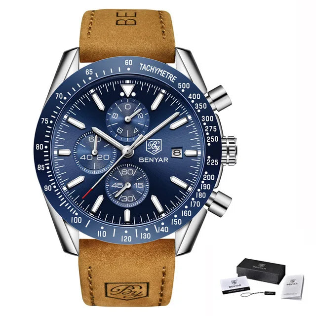BENYAR Brand Men Watches Luxury Brown Leather Strap Waterproof Quartz Watch Chronograph Men Relogio Masculino 5140