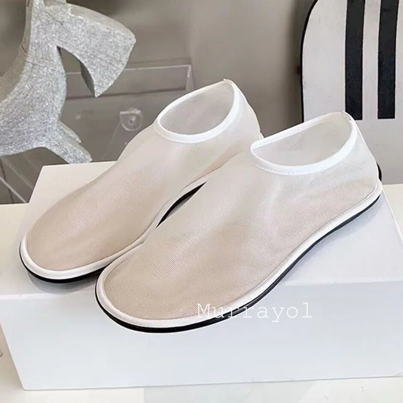 Transparent Mesh Net Flat Shoes Women Round Toe Deep Mouth Lazy Loafers Ladies Spring Summer Lightweight Commuter Walking Shoes
