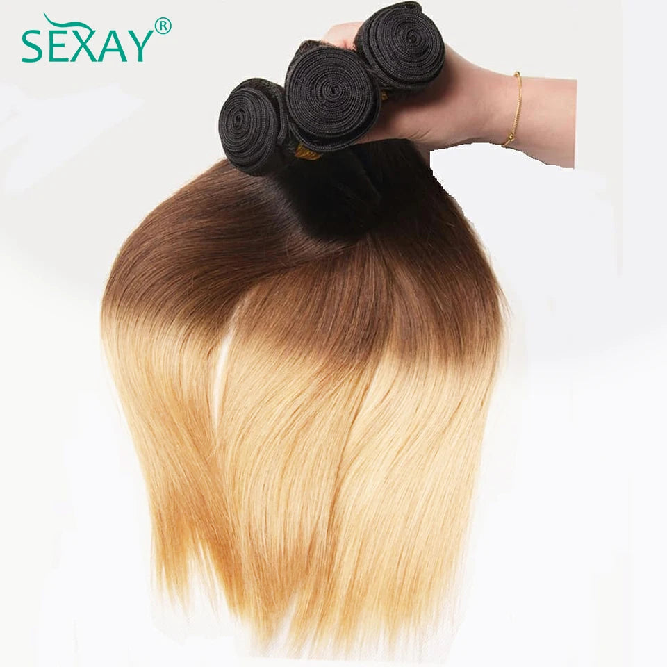 28 30 Inch 1B/4/27 Bone Straight Human Hair Weave Bundles 100% Brazilian Pre Colored Human Hair Extensions 3 Tone Ombre Hair