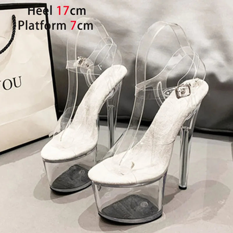 Transparent Crystal Women Sandals with Heels Pole Dancing T-show Model Stripper Shoes Party Club StilettosBride's Wed-ding Shoes