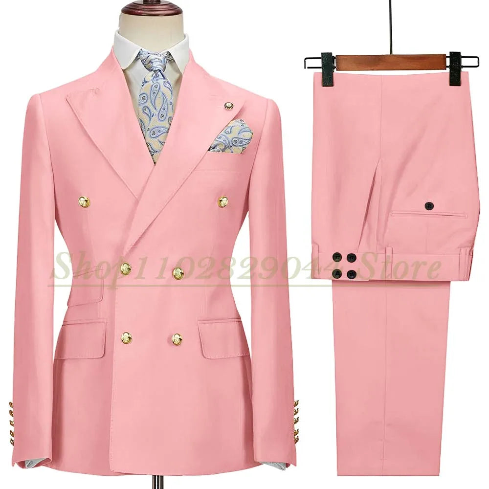 Blazer Hombre Yellow Suits for Men Chic Double Breasted Peak Lapel Elegant Wedding Full Set Male 2 Piece Jacket Pants 031D