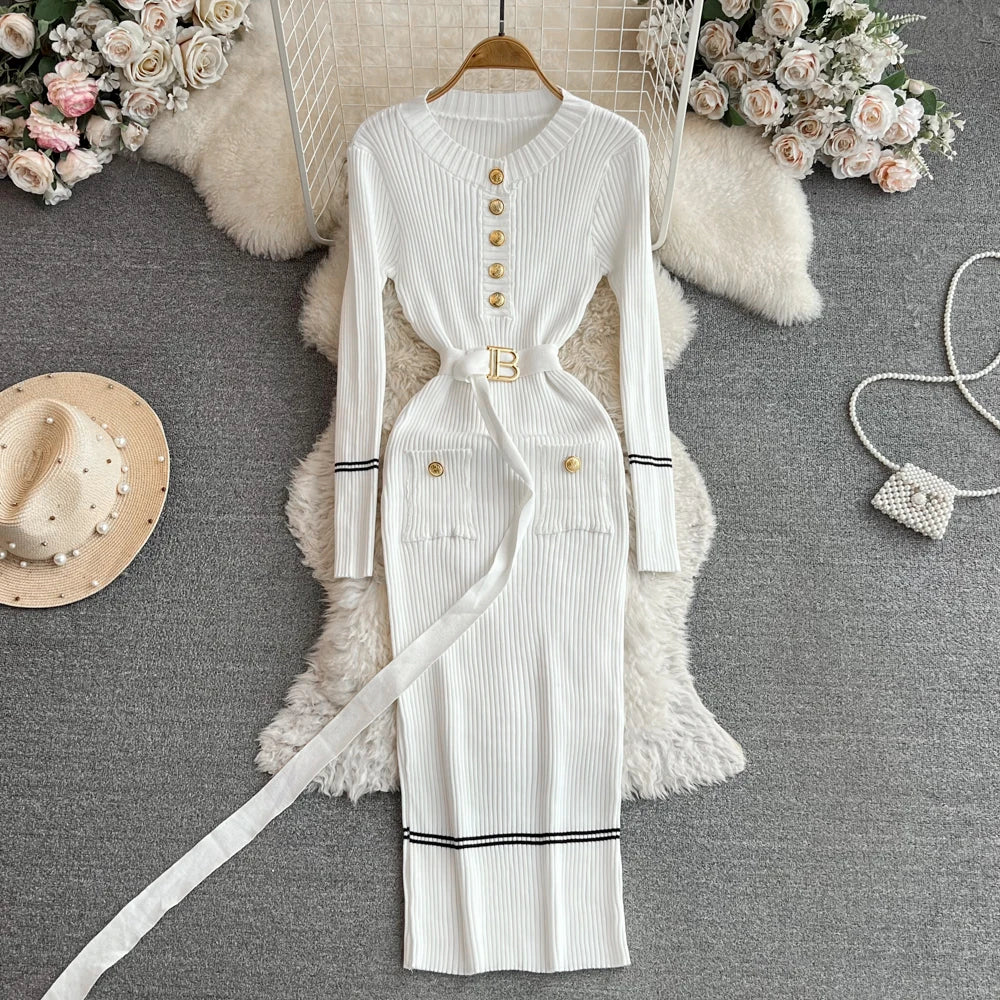Women Dress 2025 Autumn Winter Elegant Rib Knit Long Pencil Dress with Belt Office Lady Bodycon Sweater Dress Vestidos