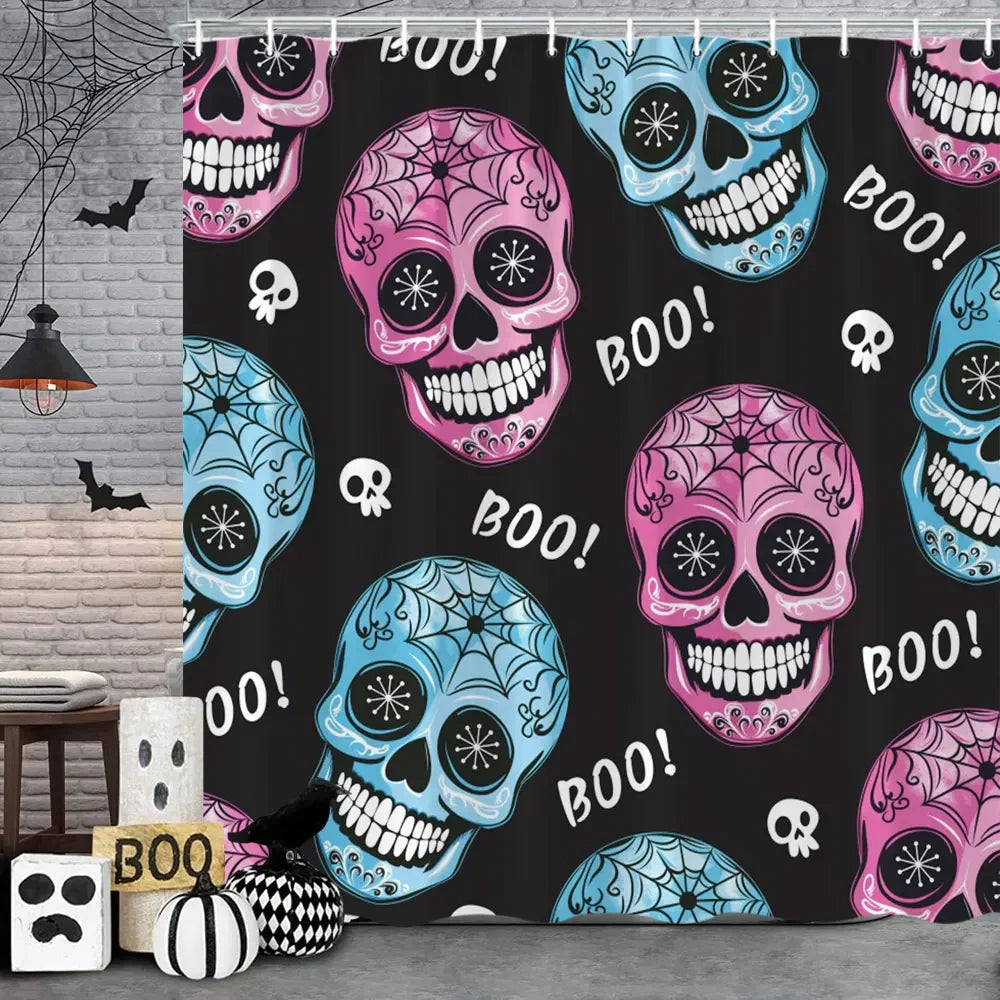 Spooky Horror Halloween Skeleton Crow Shower Curtain Black Bat Black Cat Polyester Fabric Bath Curtain Bathroom Decor With Hooks
