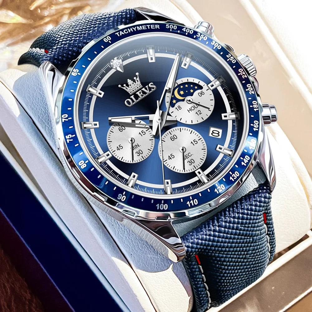 OLEVS Men's Watches Fashion Sports Green Watch For Men Multifunctional Quartz Wristwatches Men Waterproof Leather reloj hombre