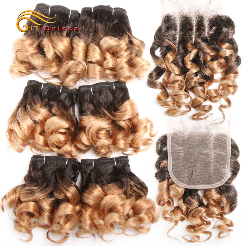 Curly Hair Bundles Brazilian Human Hair Weave 6 Bundles With Lace Closure Colored 1B/27/30/33/99J Short Hair Extension For Women