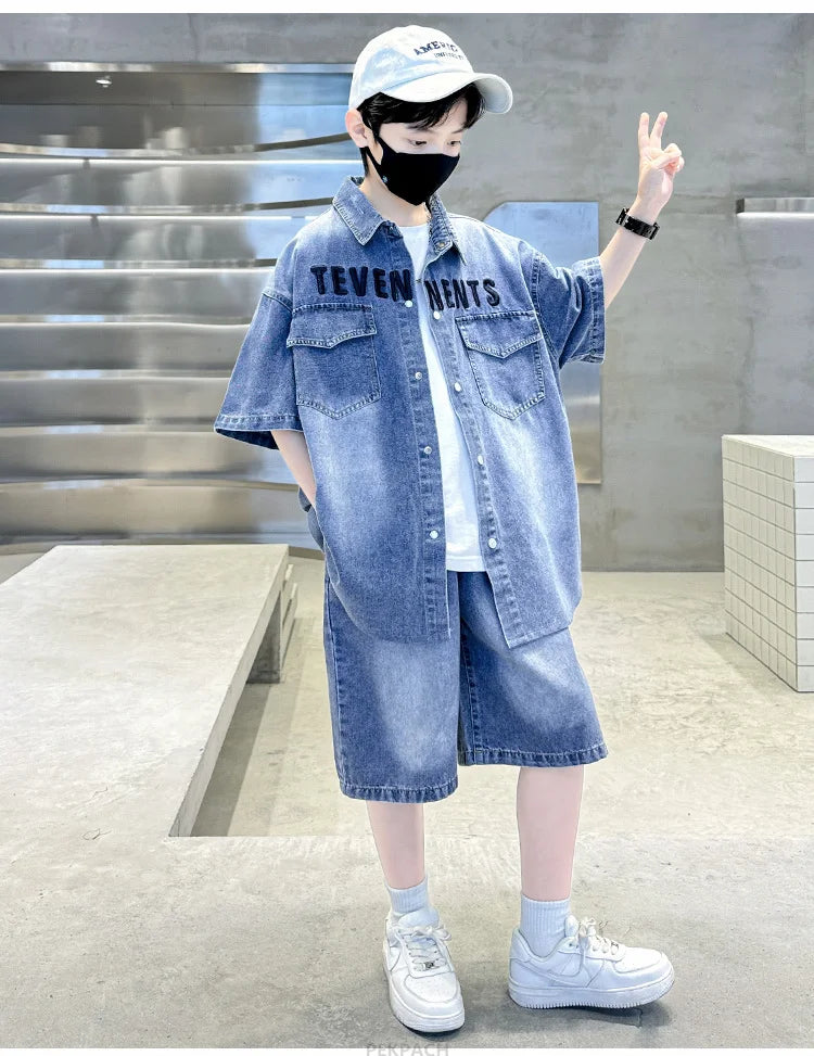Boys Denim Suit Summer Clothes New Children's Short Sleeve Shirt + Shorts Sports Korean Tracksuit Sets Kids Luxury Clothing Suit