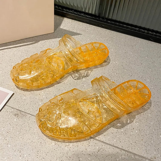 Transparent PVC Crystal Slippers Cover Toe Hollow Flower Flats Slippers Women Beachwear Shoes Anti Slip Slides Sandals Indoor