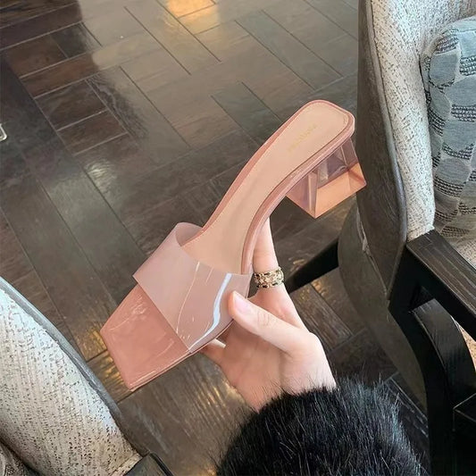 Crystal Clear Transparent Slippers Female Shoes Middle Heels Comfortable New Summer Women Shoes Woman Fashion Cool Mules Slides