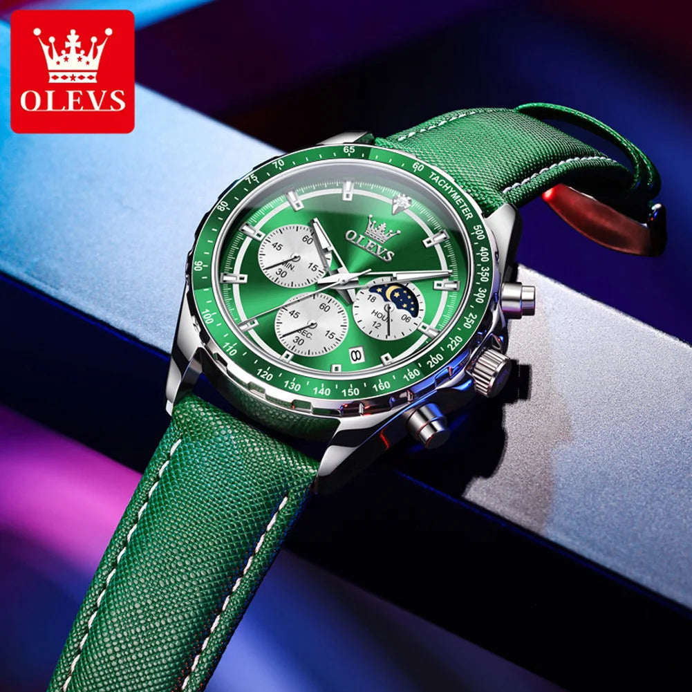 OLEVS Men's Watches Fashion Sports Green Watch For Men Multifunctional Quartz Wristwatches Men Waterproof Leather reloj hombre