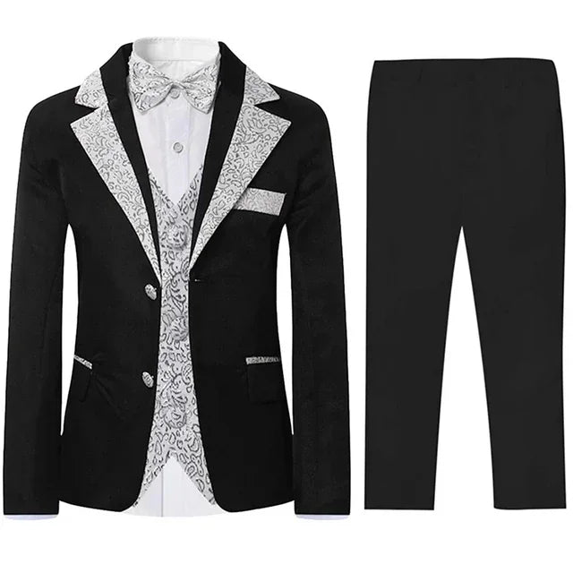 Boys Slim Fit Suits 5 Pieces Set Kids Blazer Vest Pants Shirt Bowtie  Jacket With Gold Rims For Wedding Party Prom