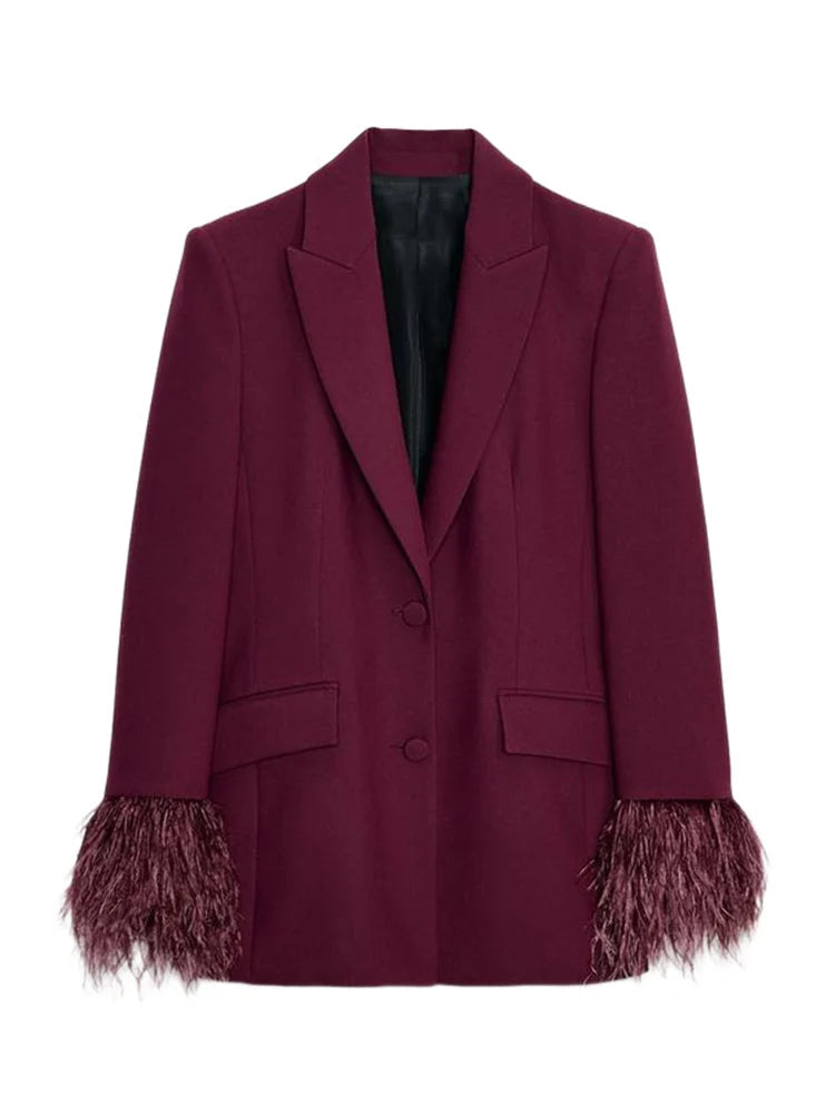 Women's Feather Suit Blazer Pants Set Lapel Shoulder Pads Full Sleeve Jackets Pockets Straight Pant 2025 Autumn Lady Suit Street