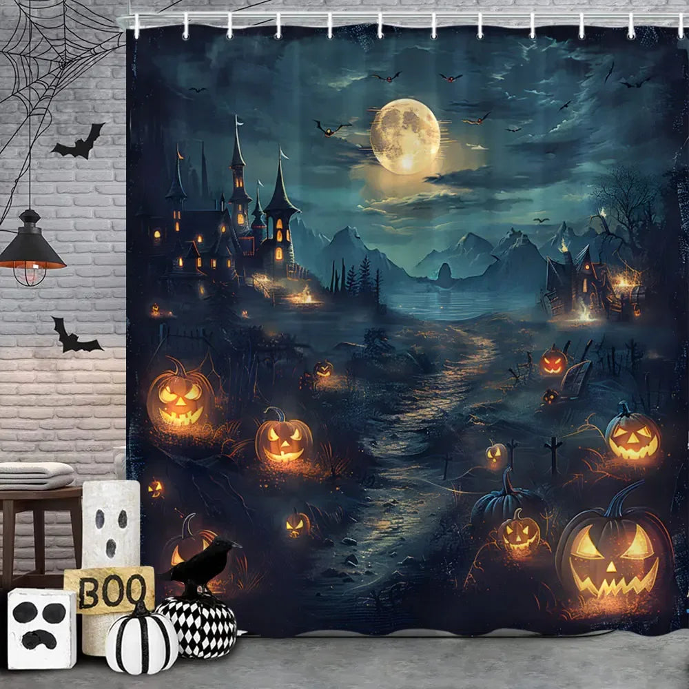 Spooky Horror Halloween Skeleton Crow Shower Curtain Black Bat Black Cat Polyester Fabric Bath Curtain Bathroom Decor With Hooks