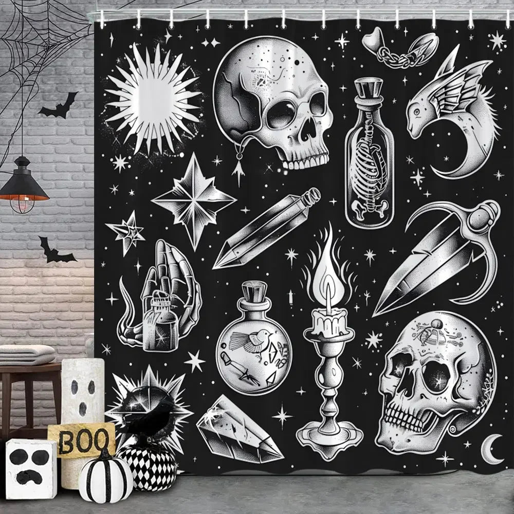 Spooky Horror Halloween Skeleton Crow Shower Curtain Black Bat Black Cat Polyester Fabric Bath Curtain Bathroom Decor With Hooks