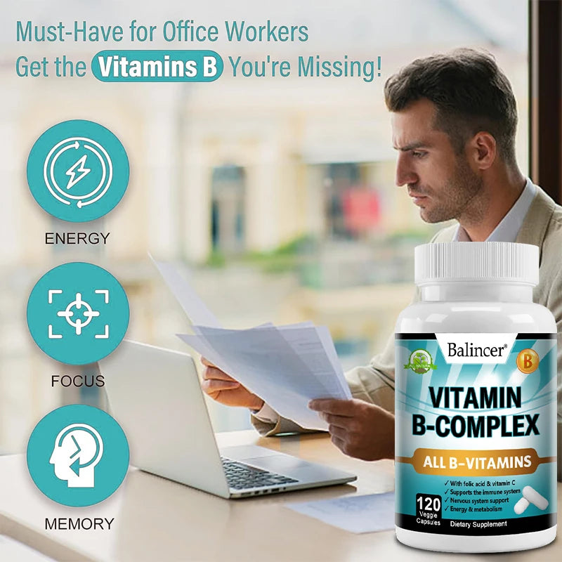 Vitamin B Complex Supplement, Containing Folic Acid and Vitamin C, Supports Energy, Immune Health, Antioxidant Supplement
