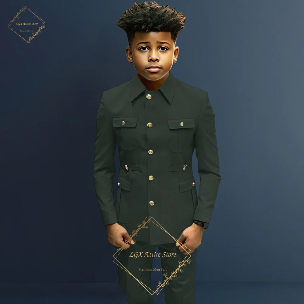 Boys single breasted formal suit 2 piece suit, boys Zhongshan suit style long coat classic design suitable for 2~16 years old