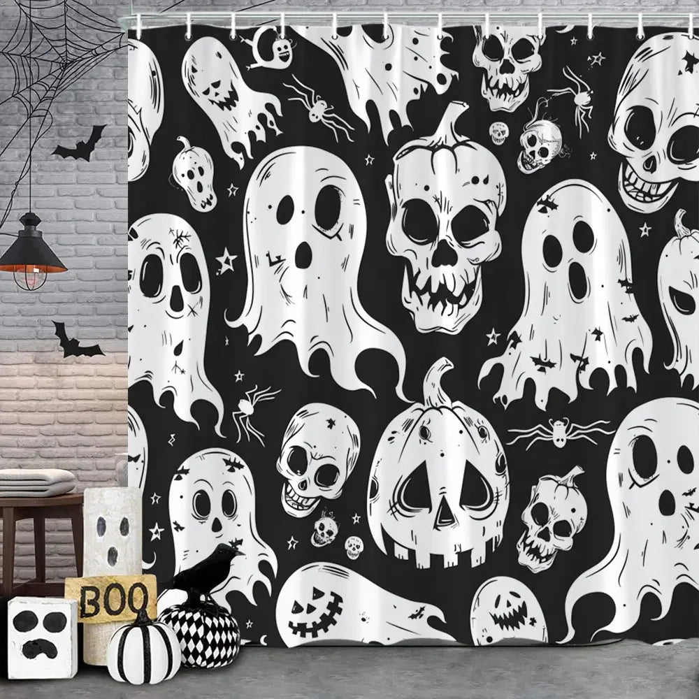 Spooky Horror Halloween Skeleton Crow Shower Curtain Black Bat Black Cat Polyester Fabric Bath Curtain Bathroom Decor With Hooks