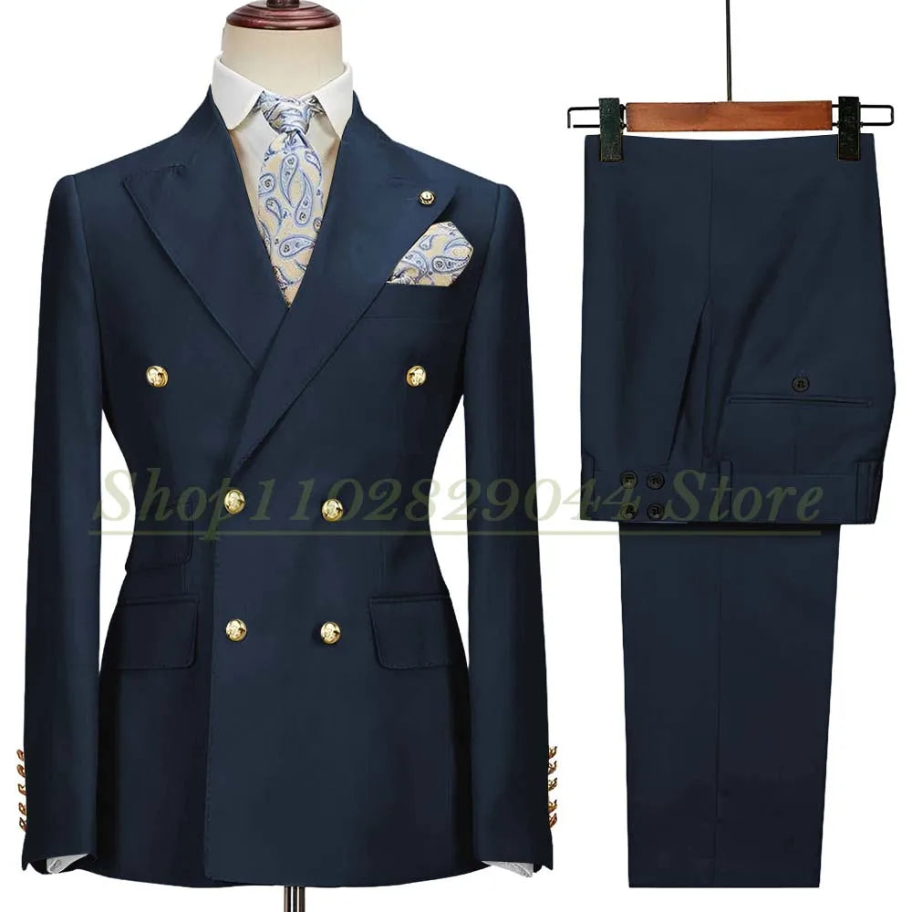 Blazer Hombre Yellow Suits for Men Chic Double Breasted Peak Lapel Elegant Wedding Full Set Male 2 Piece Jacket Pants 031D