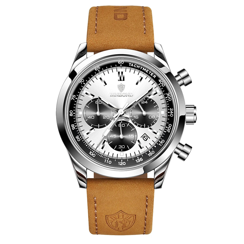 BINBOND B380 Top Luxury Leather Quartz Men's Watch Luminous Waterproof Fashion Casual Multi Functional Timer Business Men Watch