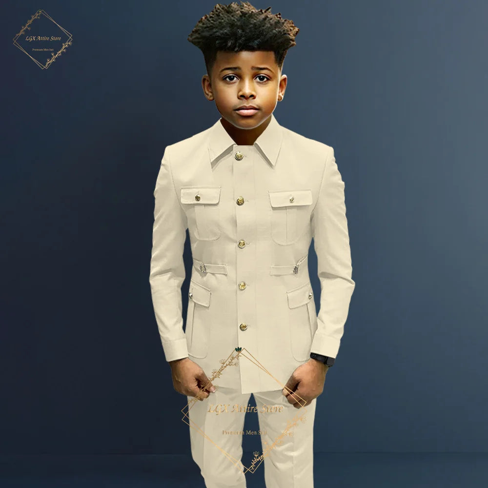 Boys single breasted formal suit 2 piece suit, boys Zhongshan suit style long coat classic design suitable for 2~16 years old
