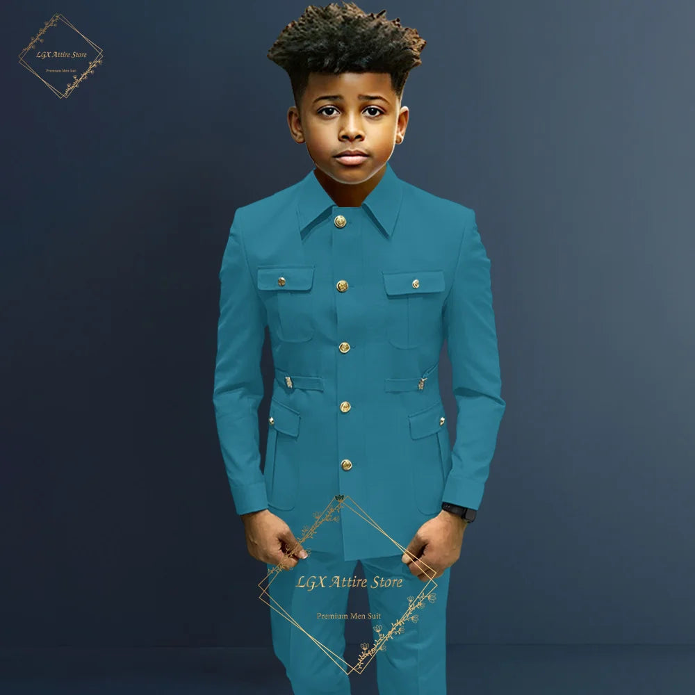 Boys single breasted formal suit 2 piece suit, boys Zhongshan suit style long coat classic design suitable for 2~16 years old