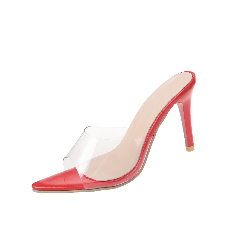 Trendy Sexy Heeled Ladies Pointed Open Toe Slip on Party Stiletto High Heel Clear Mule Slides Woman Nude Transparent Shoes