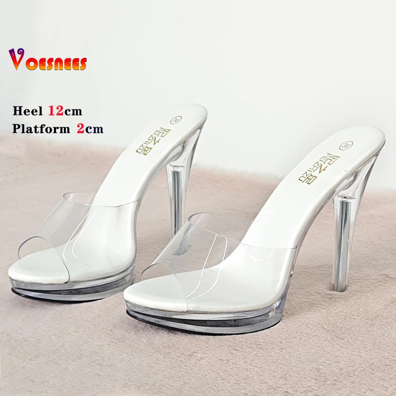Transparent Slippers Ladies Clear PVC High Heeled Slippers Open Toe Daily Woman Sandals 12cm Sexy Show Crystal Shoes High Heels