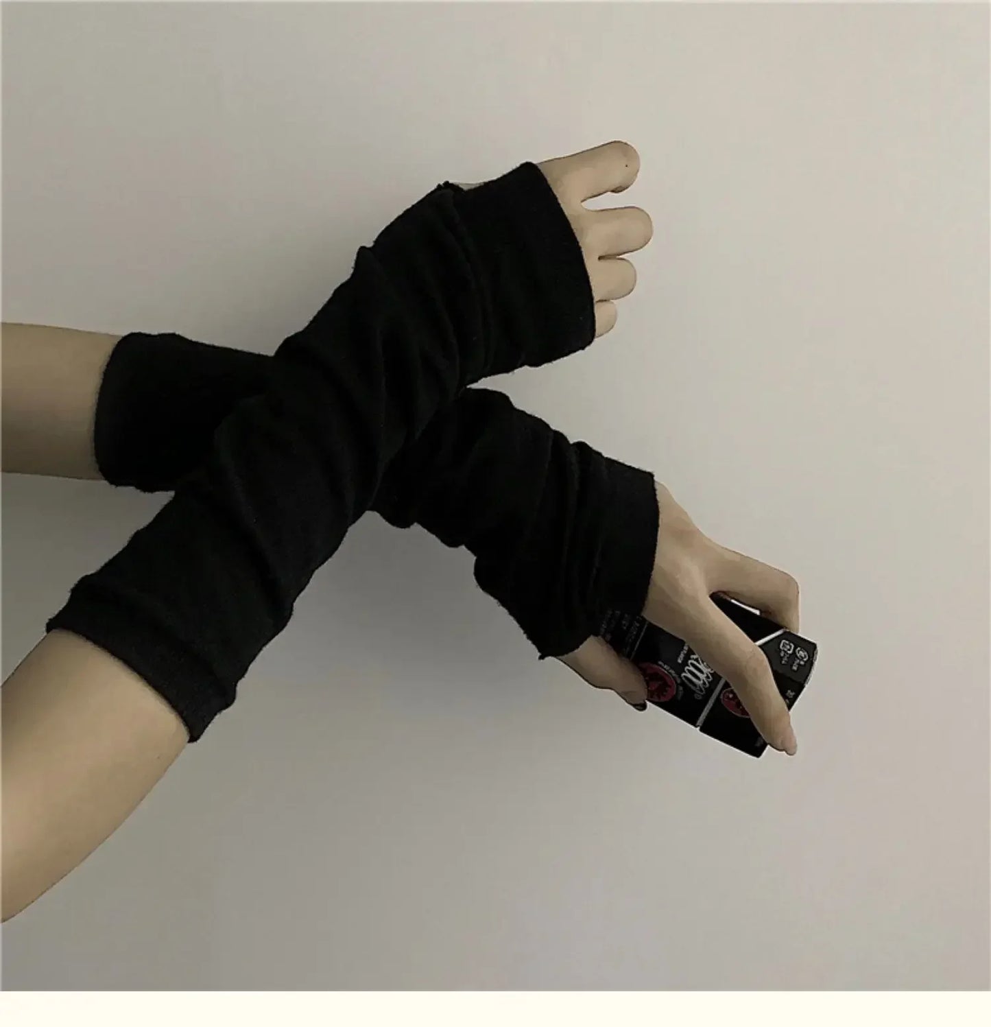 Punk EMO Style Streetwear Women Wrist Arm Warmer Knitted Long Fingerless Oversleeve Black Mitten Halloween CrossDark Moon