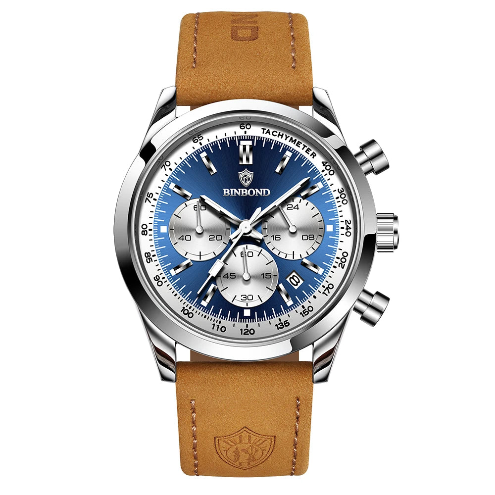 BINBOND B380 Top Luxury Leather Quartz Men's Watch Luminous Waterproof Fashion Casual Multi Functional Timer Business Men Watch