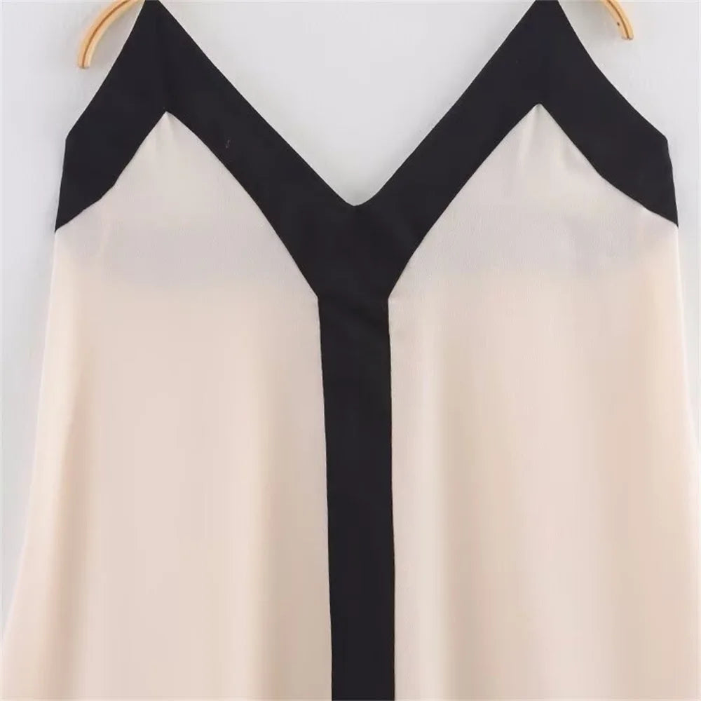 women's dress is fashionable casual lazy contrasting color V-neck slim suspender temperament summer new dress