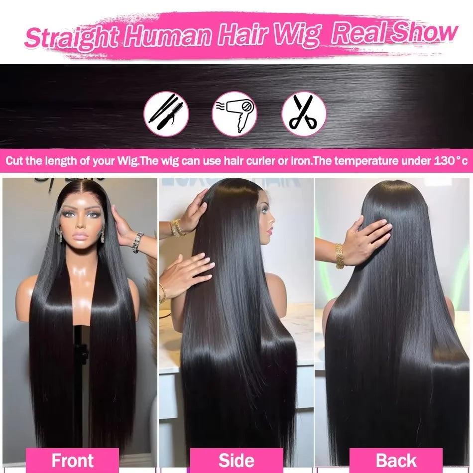 Bone Straight 13x6 HD Transparent Lace Frontal Wigs 30 34 Inch Brazilian 13x4 Lace Front Human Hair Wig 220% Density For Women