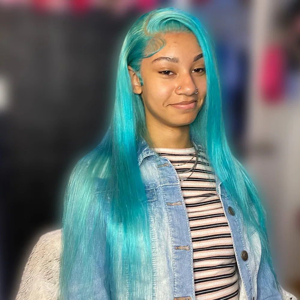Bone Straight 13x6 Lace Front Human Hair Wigs For Women Light Blue Lace Frontal Wig Pre-Plucking Cyan Green Human Hair Wigs