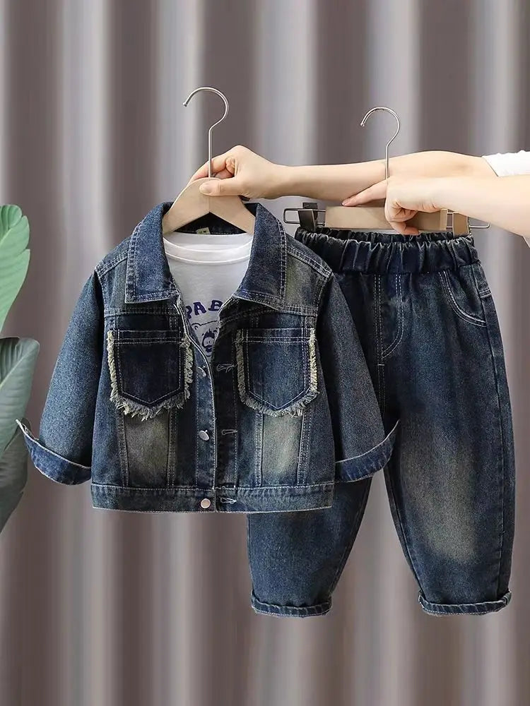 Boys Denim Suit Spring 2025 Spring Autumn New Style Children's Western-style Coat Boys' Fashionable Explosive Street 2 Piece Set