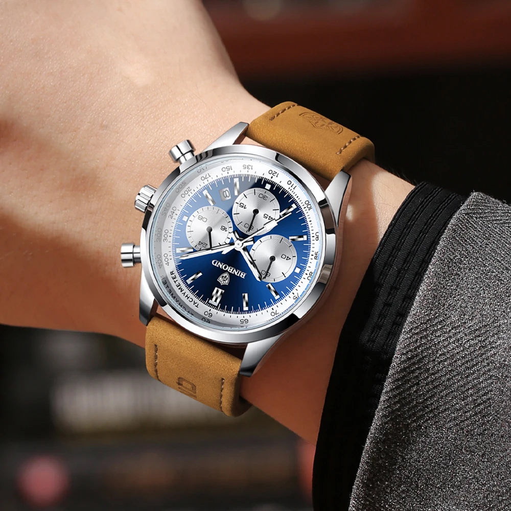 BINBOND B380 Top Luxury Leather Quartz Men's Watch Luminous Waterproof Fashion Casual Multi Functional Timer Business Men Watch