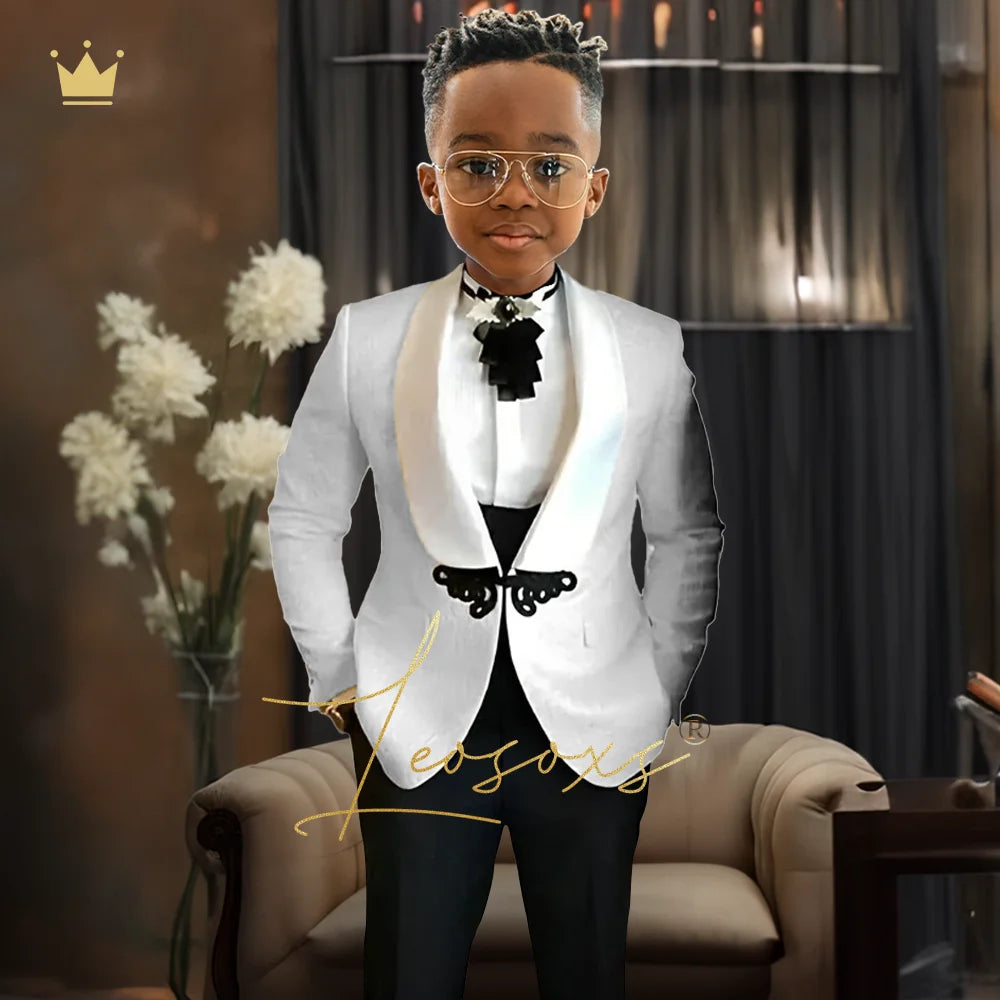 Boys Tuxedo Suit 2 Piece Set, Fashion Black Butterfly Button Jacquard Jacket Black Pants Elegant Slim Wedding Party Formal Wear