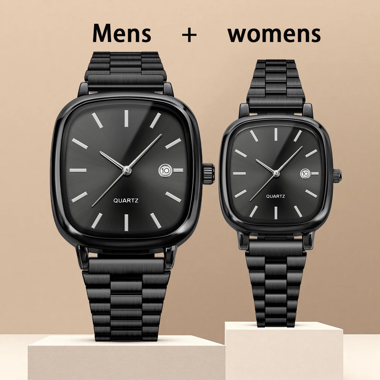 Couple watches for men and women; quartz watches with stainless steel bands and calendar; Christmas gift.