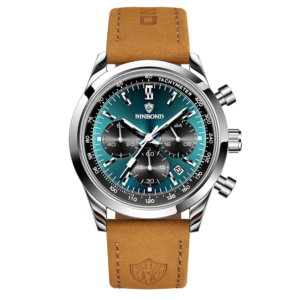 BINBOND B380 Top Luxury Leather Quartz Men's Watch Luminous Waterproof Fashion Casual Multi Functional Timer Business Men Watch