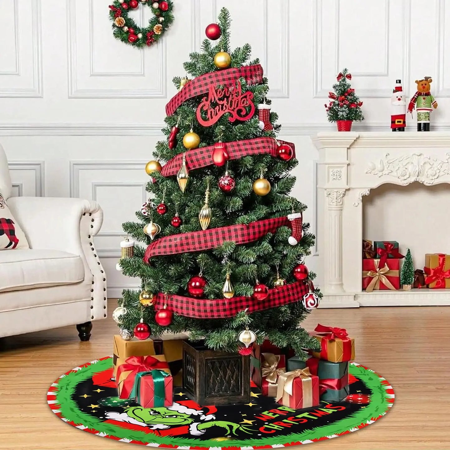 VIKAMA Christmas Tree Skirt Christmas Decorations Soft Red Green Christmas Decor Mat for Xmas Home Holiday Decorations