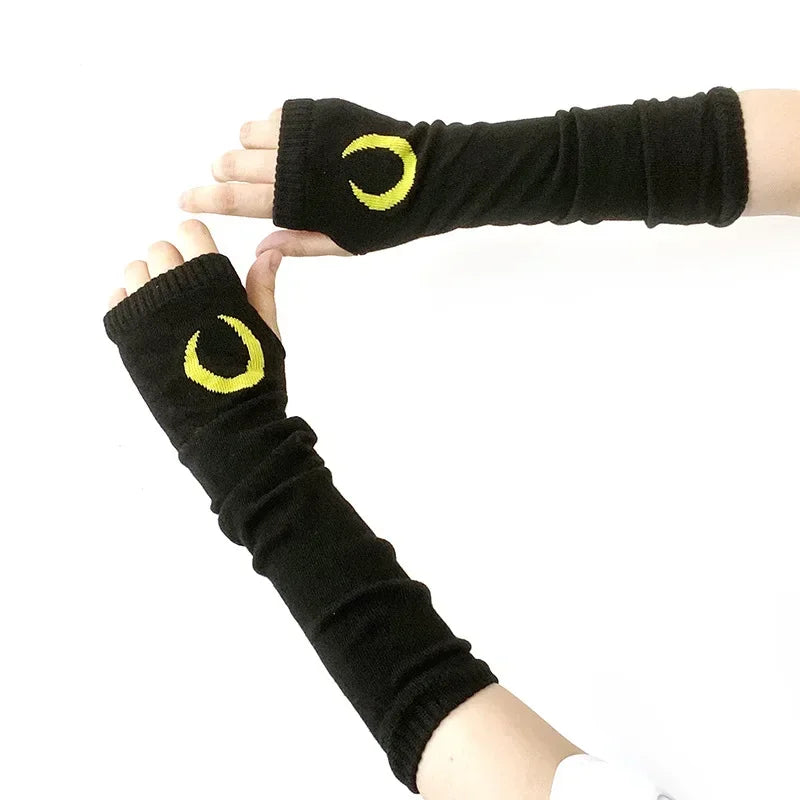 Punk EMO Style Streetwear Women Wrist Arm Warmer Knitted Long Fingerless Oversleeve Black Mitten Halloween CrossDark Moon