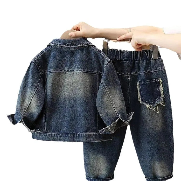 Boys Denim Suit Spring 2025 Spring Autumn New Style Children's Western-style Coat Boys' Fashionable Explosive Street 2 Piece Set