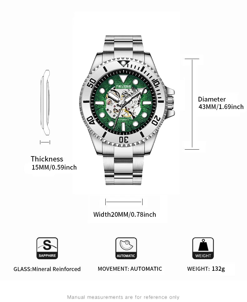 TEVISE New Automatic Mechanical Watch for Men Waterproof Stainless Steel Skeleton Luminous Watch Fashion Casual Wristwatch